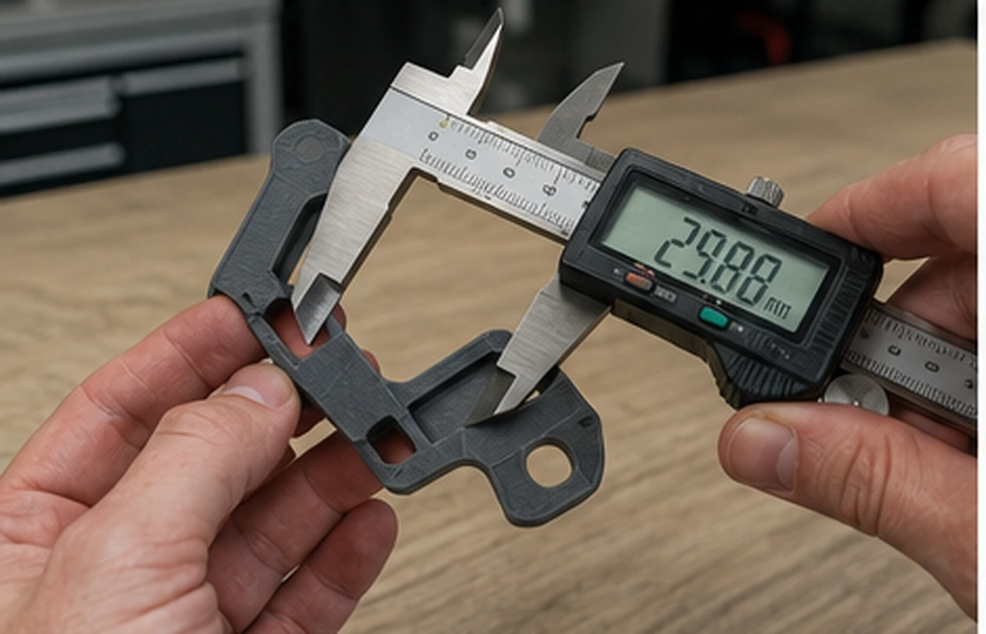Digital calipers measuring a custom replacement part for 3D printing in Vancouver BC