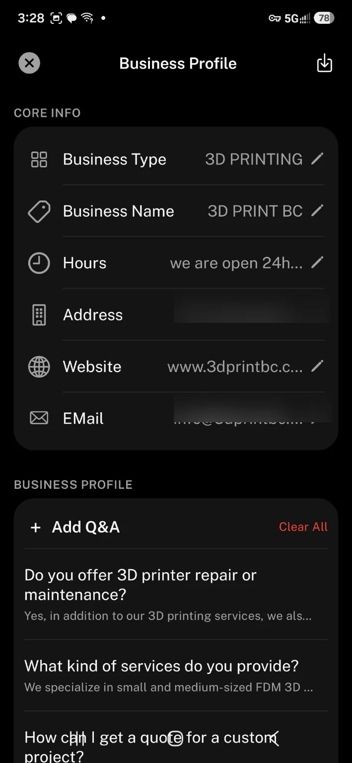 SkipCalls AI business profile and knowledge base configured for 3D Print BC