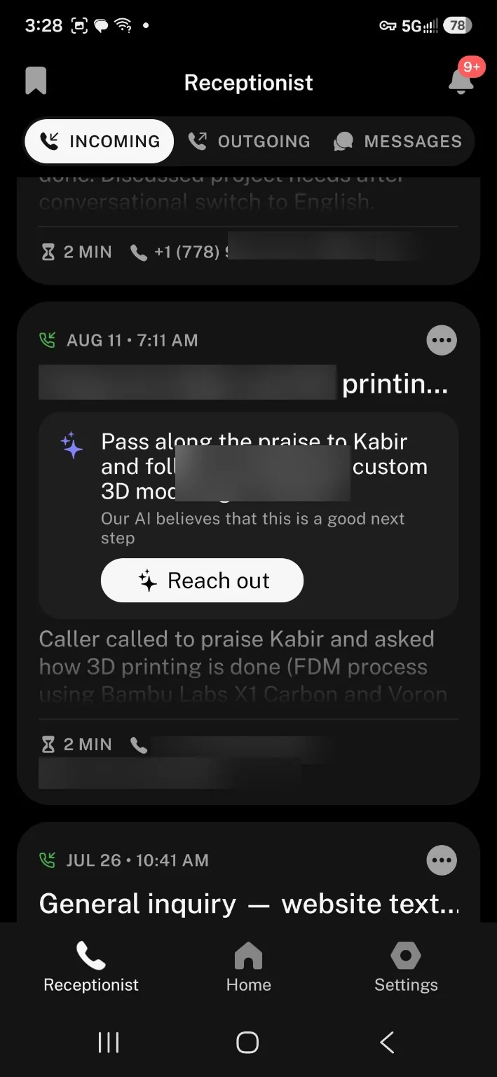 SkipCalls AI call summary and recommended follow-up for a 3D printing business