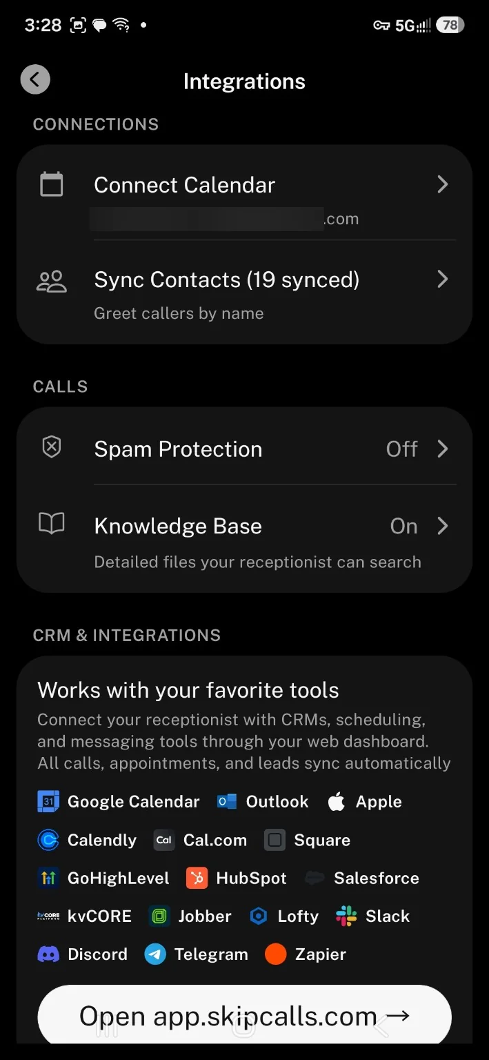 SkipCalls AI integrations including Google Calendar Outlook HubSpot Salesforce Slack and Zapier