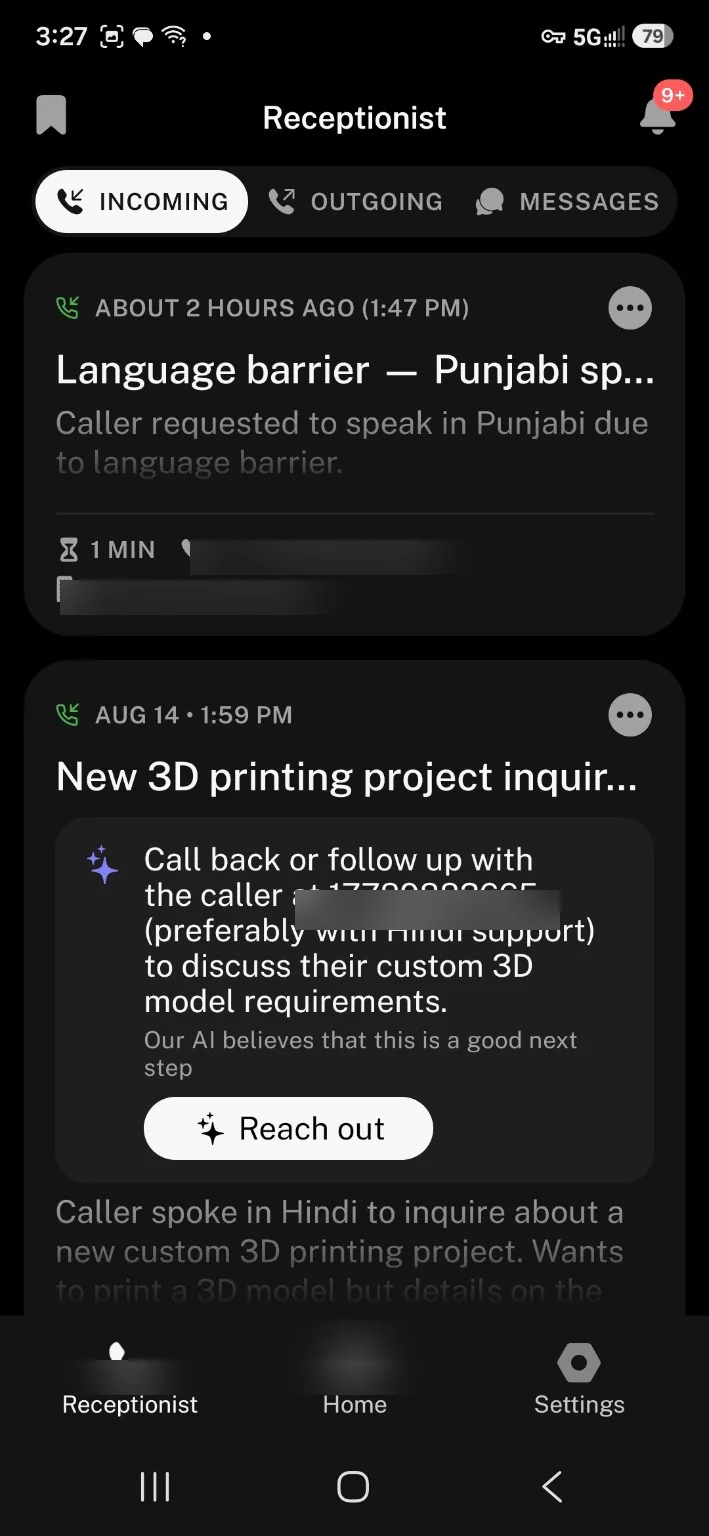 SkipCalls AI multilingual business call handling example with Hindi and Punjabi