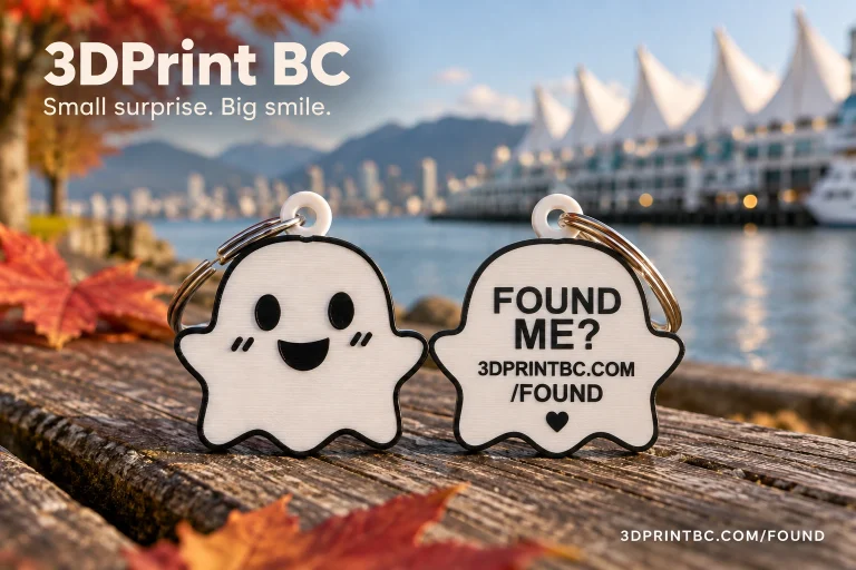 3D Print BC Harbour Boo Ghost Found Me keychain, front and back views, Vancouver