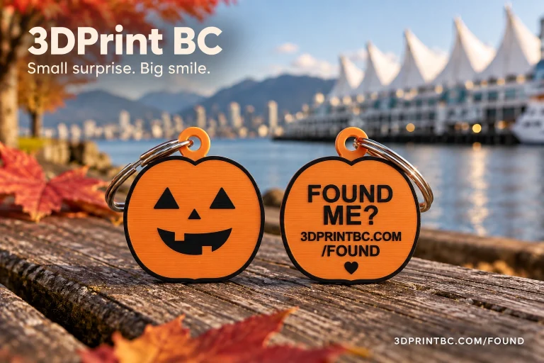 3D Print BC Harbour Glow orange pumpkin Found Me keychain, front and back