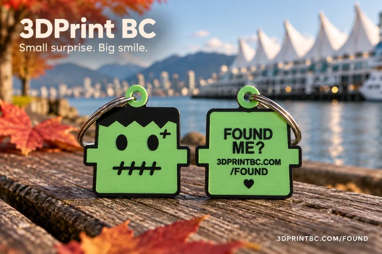 3D Print BC Little Harbour Monster green Found Me keychain, front and back