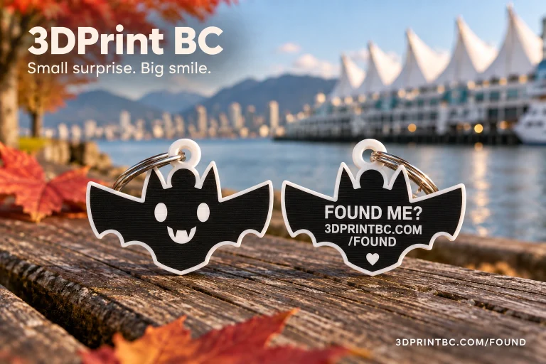 3D Print BC Midnight Wings black bat Found Me keychain, front and back views