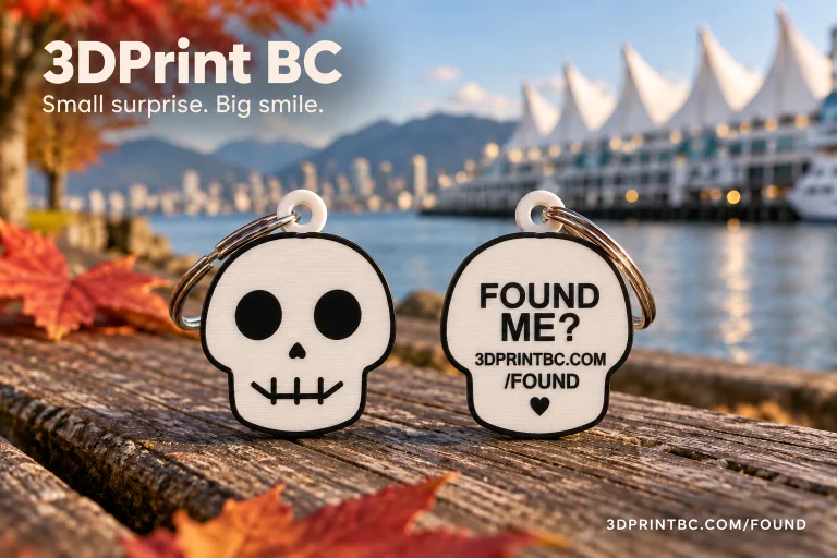 3D Print BC Spooky Smile white skull Found Me keychain, front and back