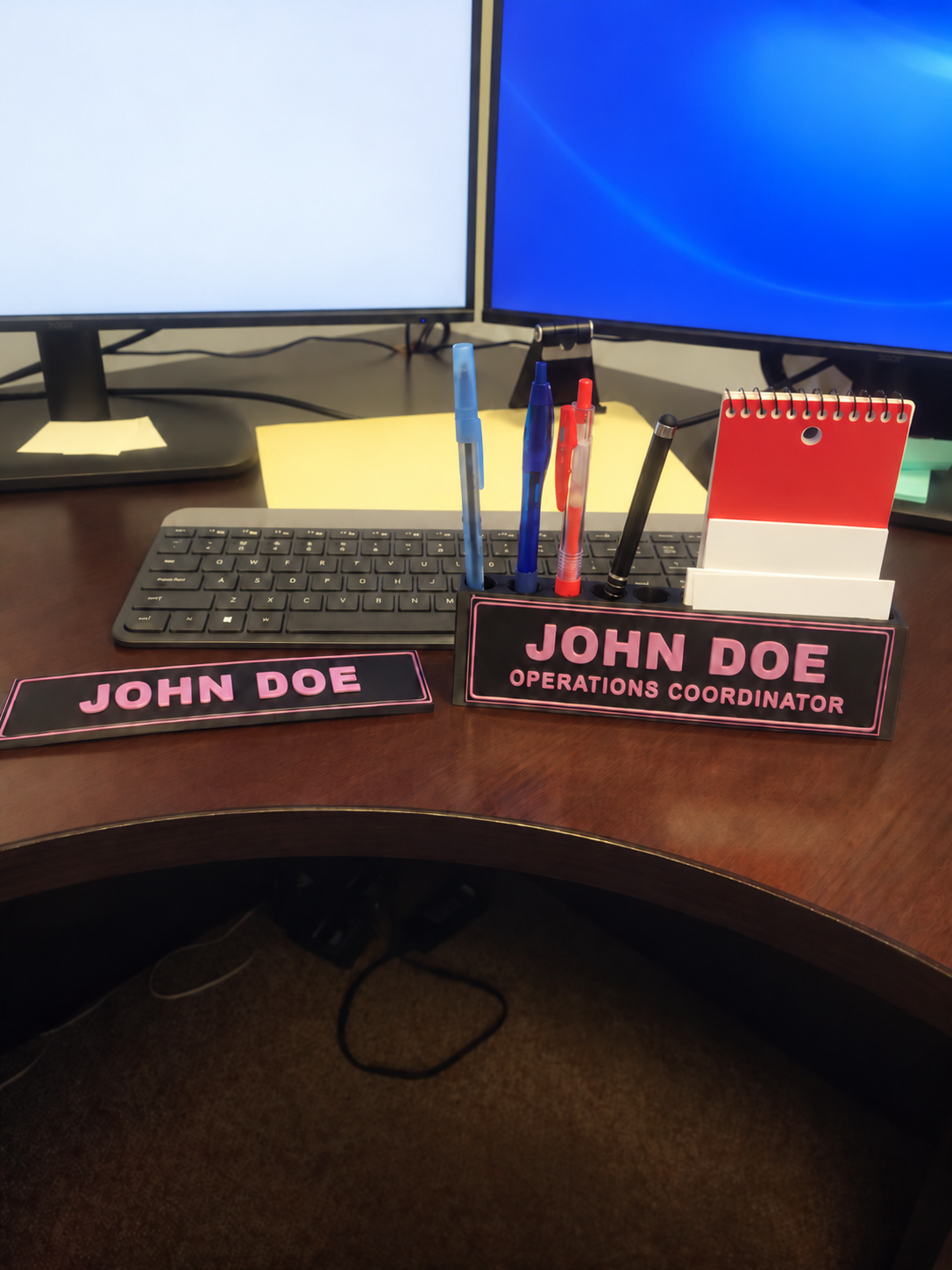 Custom 3D printed desk name plate and organizer with personalized name and job title
